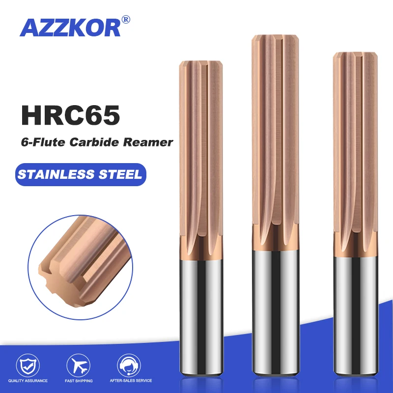 AZZKOR Carbide Machine Reamer Coated Spiral Flutes H7 Straight Precision Chucking Hardened Steel 6 Flutes For Metal HRC65