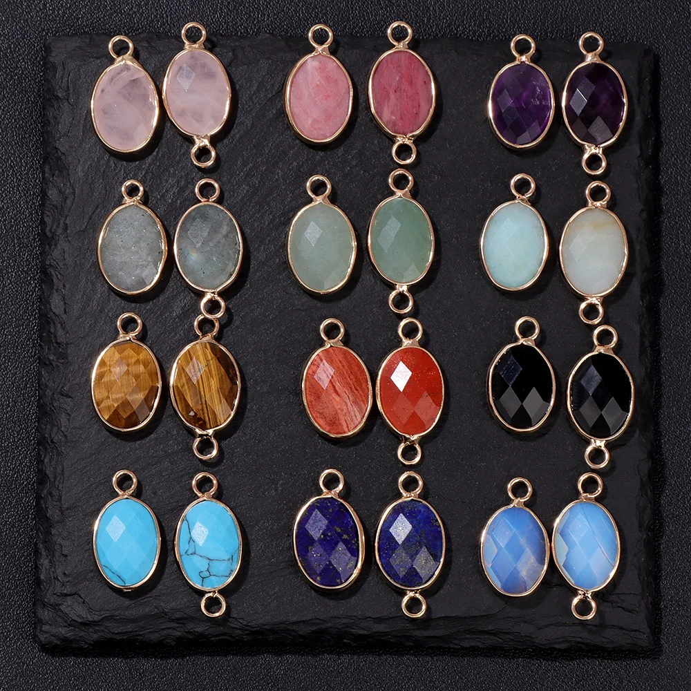 Natural Oval Shape Faceted Stone Pendant Tiger Eye Quartzs Connector Charms For Jewelry Making Bracelet Earrings Necklace DIY