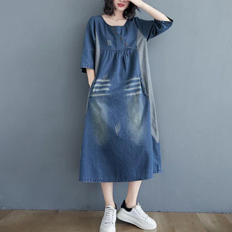 

Blue Denim Dresses Women Spring Summer Casual Loose O-Neck Half Sleeve Midi Dress Female Vintage Distressed Big Size Jeans Dress