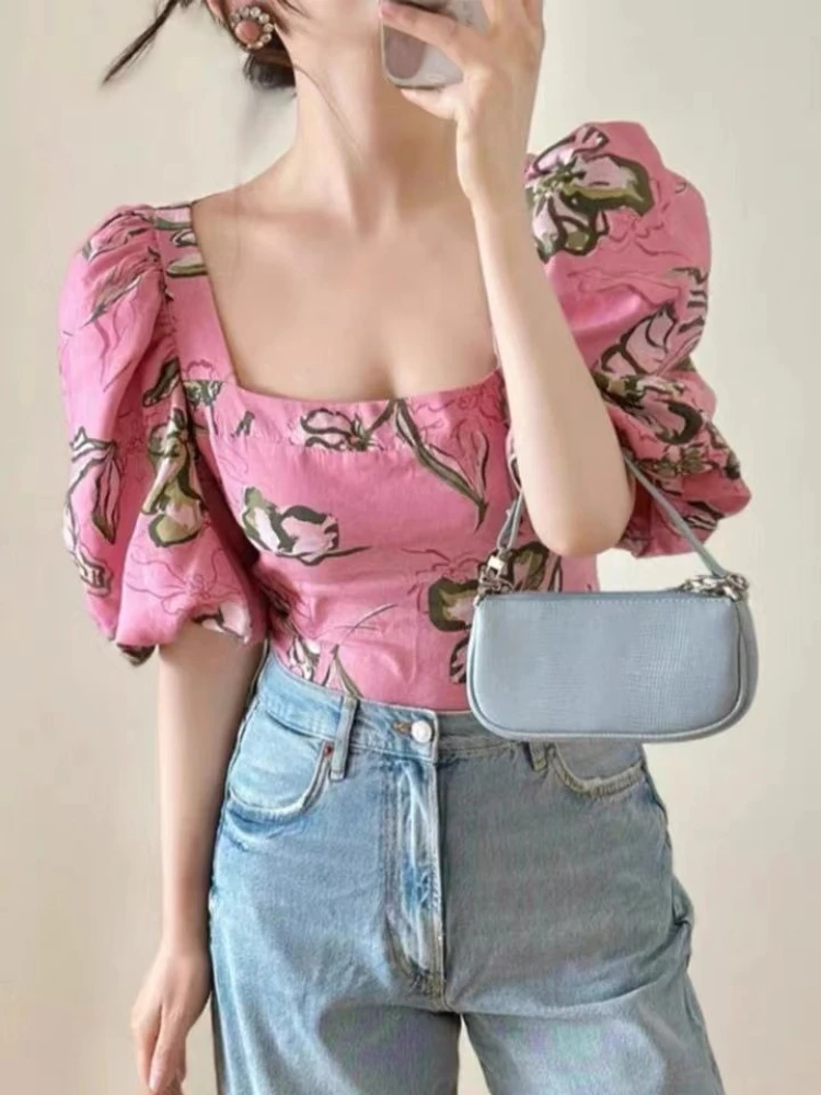 

Pink French Square Neck Puff Sleeve Top Dopamine Floral Print Crop Shirt Sculpting Waist Summer Y2K Streetwear TikTok Viral Tee