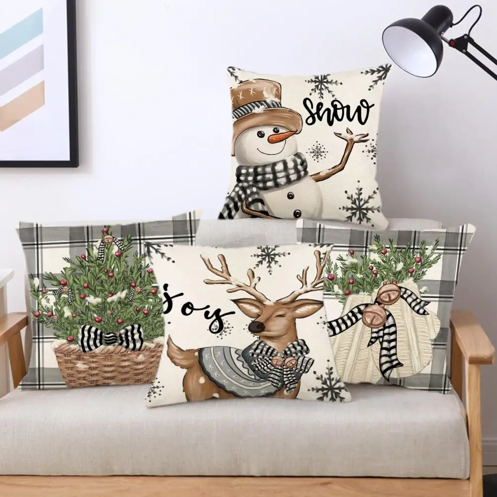 Christmas Cushion Cover Snowflake Elk Pattern Xmas Throw Cover Durable Polyester Square Pillow Cover Home Decoration