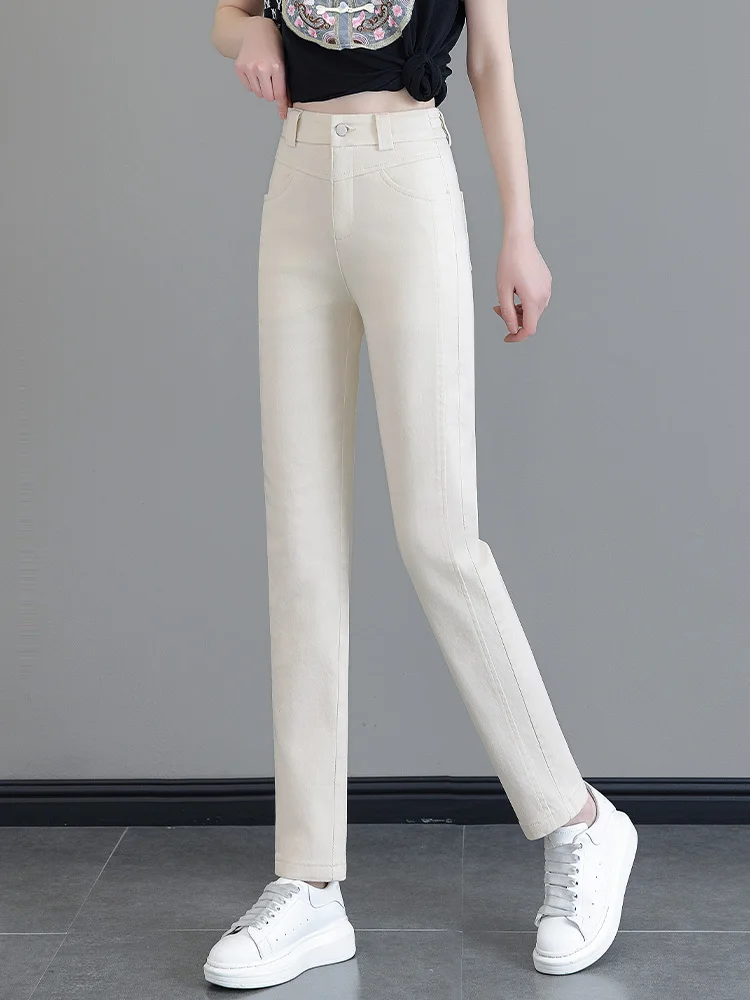 

High Waist Nine-Tenths Casual Pants Women's Khaki Color Cigarette Jeans Spring Autumn New Style Commuter Style Straight Leg