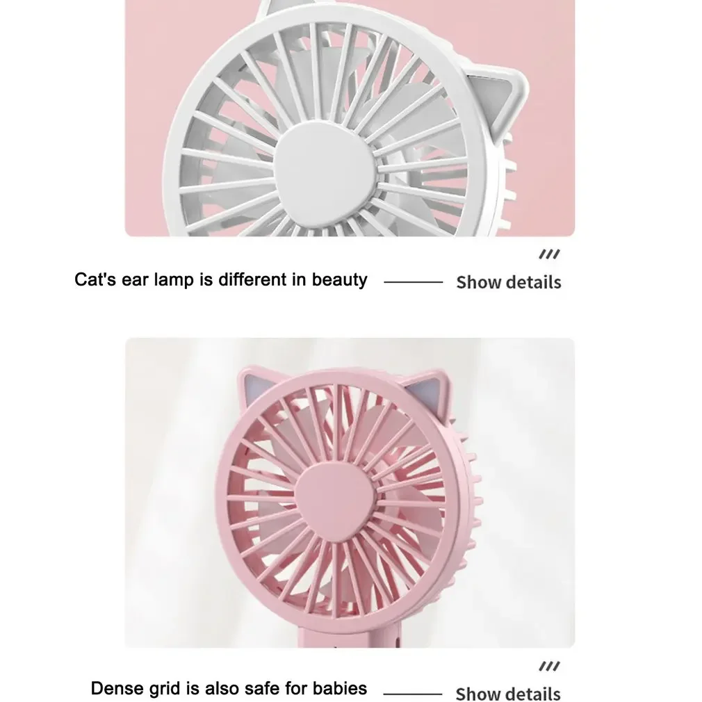 Mini Fan USB Rechargeable Adjustable 3 Speed Cute Cat Hand-Held/Desktop LED Lamp Cooler Ventilator