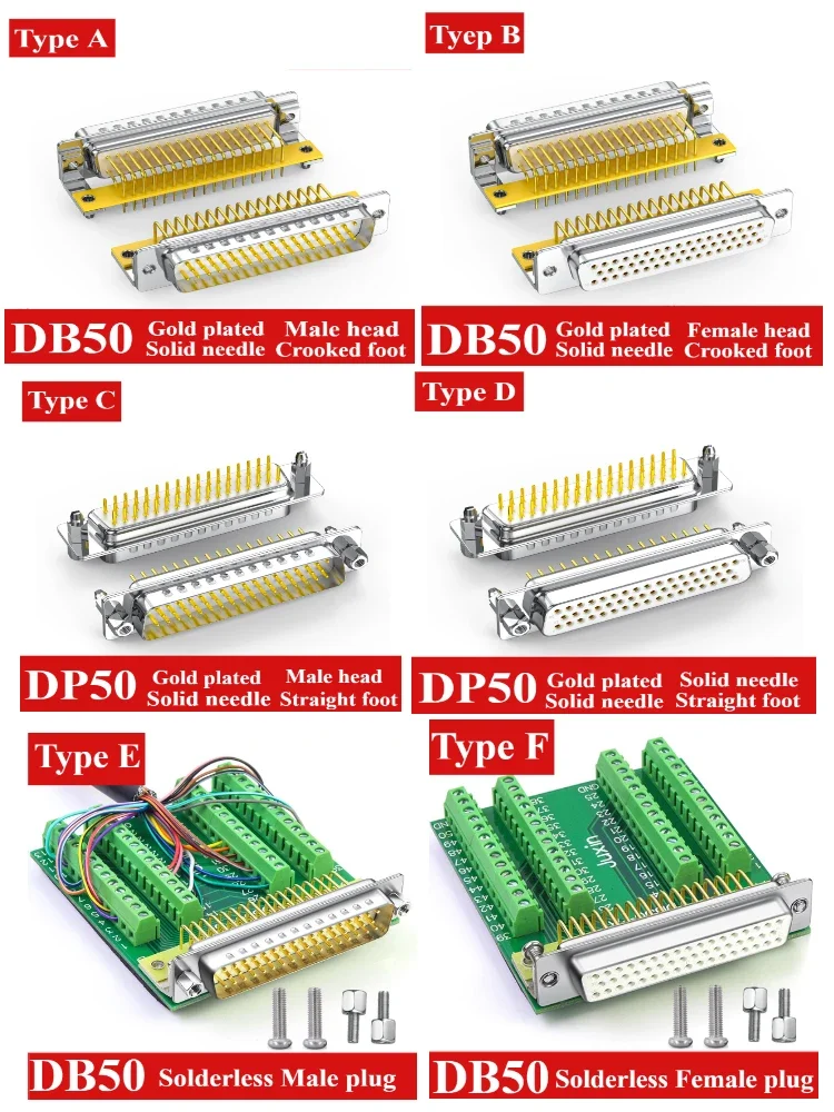 Gold-plated DB50/DP50 elbow foot solder plate plug 50PIN solder plate head 90Degrees elbow connector 50Pin in line 180 degrees