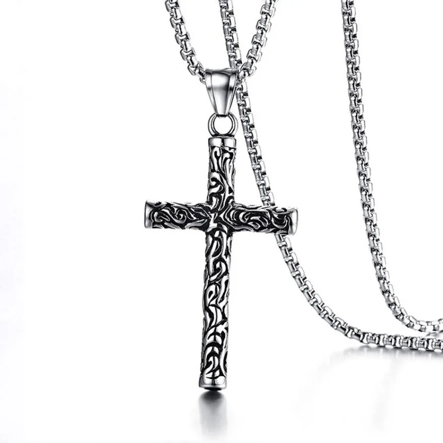 Vintage Ornate Cross Necklace for Men Stainless Steel Chain Scrollwork Carved Gothic Pendant Retro Dark Amulet Jewelry Gift