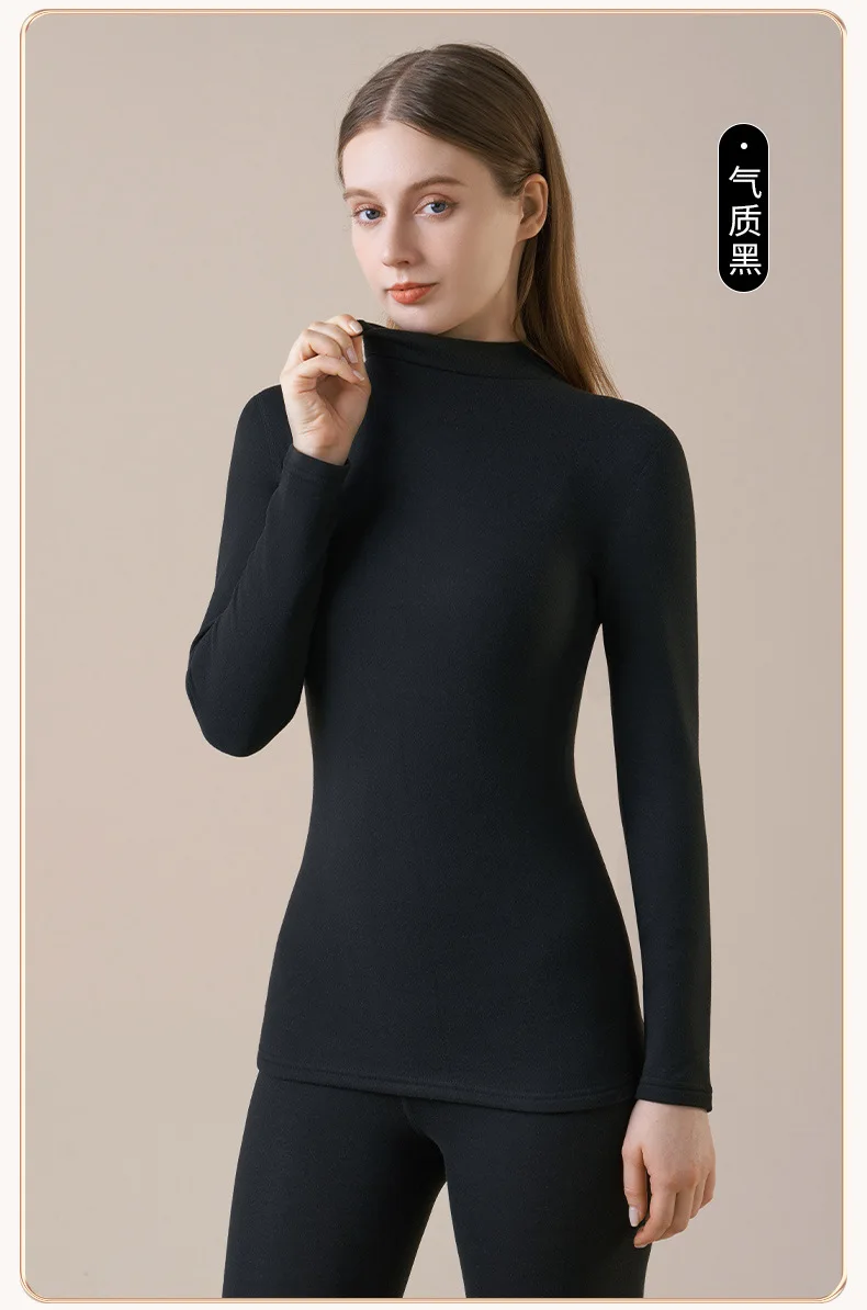 Damen-Thermo-Unterwäsche aus Kaschmirseide, Thermoshirts, warme Hosen, verdickte, einfarbige, halbrollkragenartige Oberteile, langärmlige Winterkleidung. – Detail 25