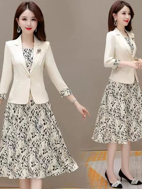 

Spring Autumn High Waist A-Line Skirt Suit Dr Two-Piece Set Korean Sle Commute Casual Faion plus Size No Sve Overalls