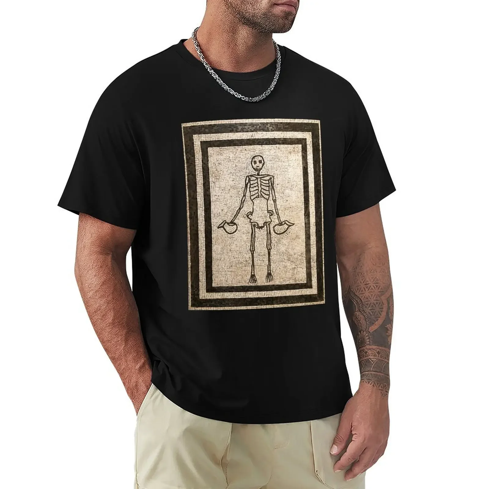 Roman mosaic from Pompeii showing a grinning skeleton holding wine jugs T-Shirt Short sleeve tee t shirt for men