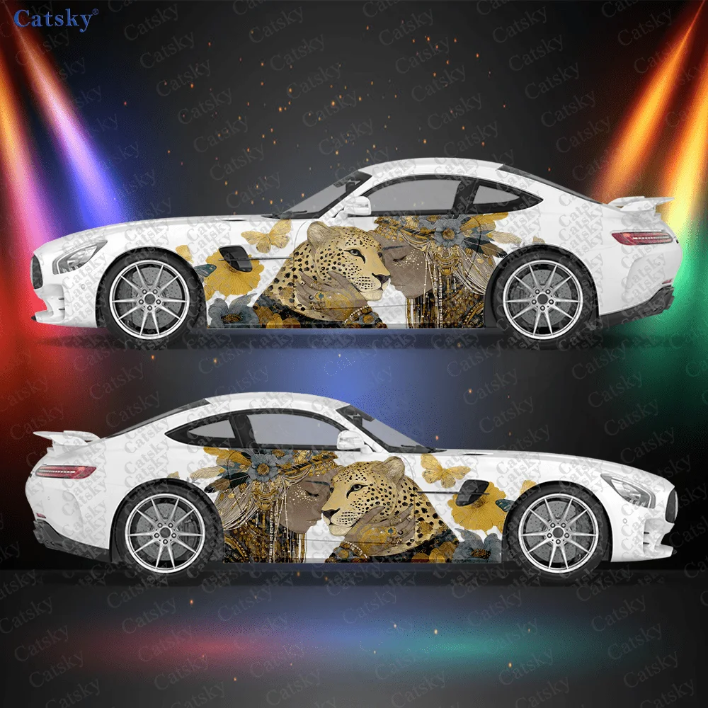 

2pcs Leopard & Goddess Car Side Car Wraps, Self-Adhesive PVC Waterproof & Scratch-Resistant Stickers, Car Accessory Gift