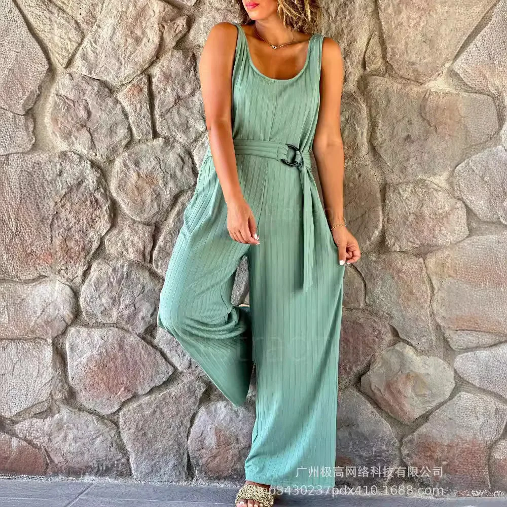 

Wide Leg Loose Playsuit Pants Jumpsuit Women Sleeveless High Waist Solid Color with Belt