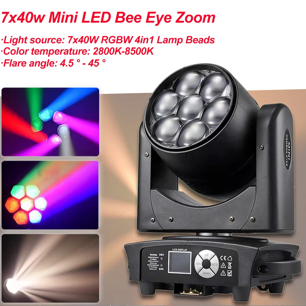 

7x40 Вт RGBW 4IN1 Светодиодный светильник Bee Eye Zoom с подвижной головкой Dmx 512 23/35/51Ch сценические светильники CTO Красительный луч Освещение с эффектом зум