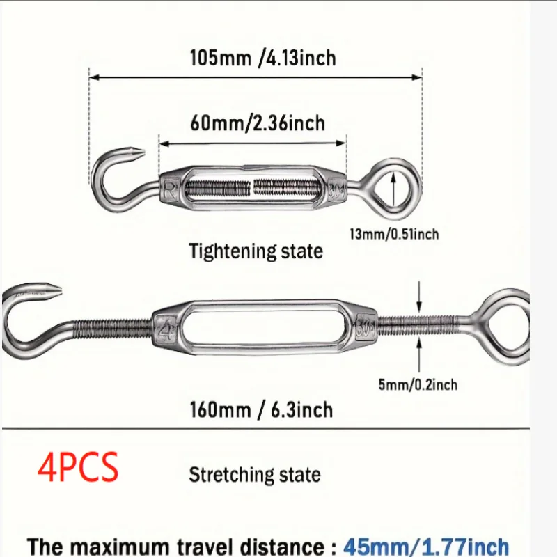 

4pcs 304 Stainless Steel Hook Eye Rotation Screw Bolt Rope Tensioner, Tensioner, Hook Eye Durable Fastener for Construction