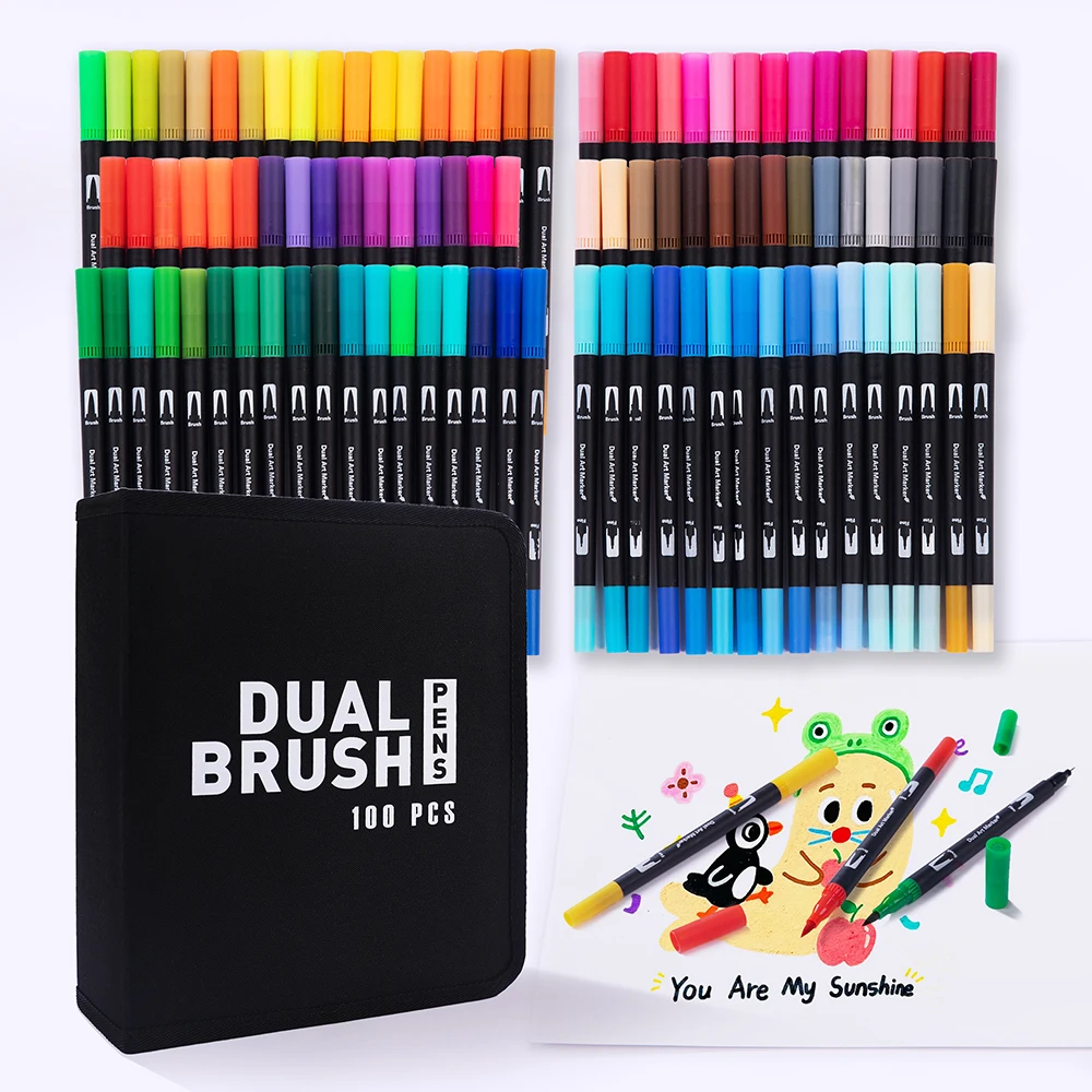 72/100 Color Double Head Markers Dual Tip Drawing Brush Pen Cloth Bag Set Art Markers Pen Painting Writing School Art Supplies