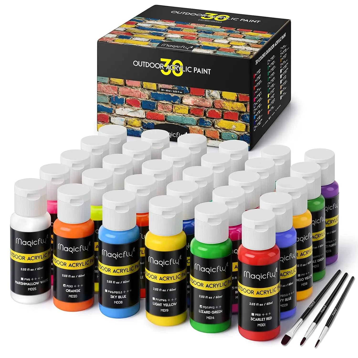 

Outdoor Acrylic Paint, Set of 30 Colors/Tubes (60 ml, 2 oz.) with Storage Box, Rich Pigments, Multi-Surface Paints for