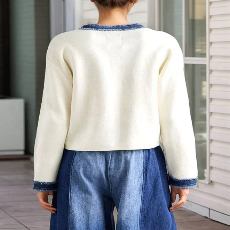 

Женский лоскутный джинсовый кардиган с карманами, осенне-зимняя верхняя одежда, массивные вязаные свитера на пуговицах с длинными рукавами, пальто