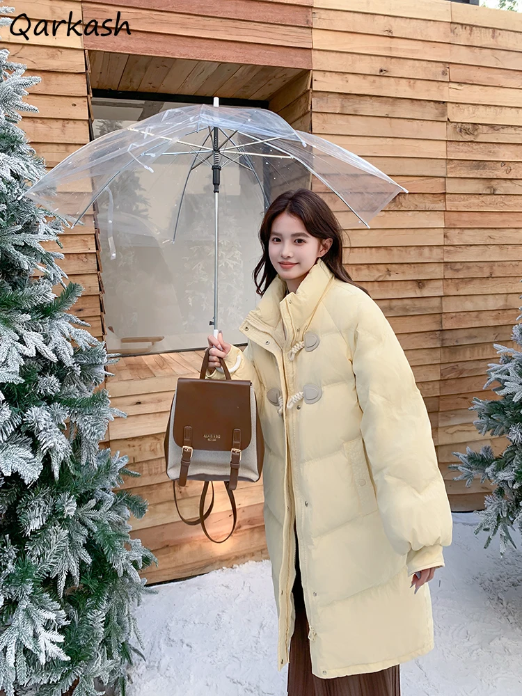 Long Style Parkas Women Solid Simple All-match Stand Collar Horn Buckle Warm Baggy Sweet Girls College Korean Style Winter Chic