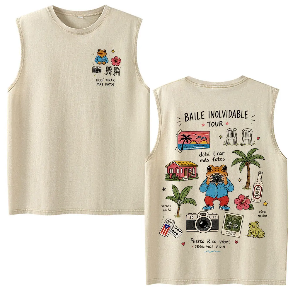 Rapper Bad Bunny Debi Tirar Mas Fotos DTMF Vintage Washed Weste T-Shirt Herren Lässige Mode Hip Hop Übergroße Ärmellose Tanktops – Detail 6