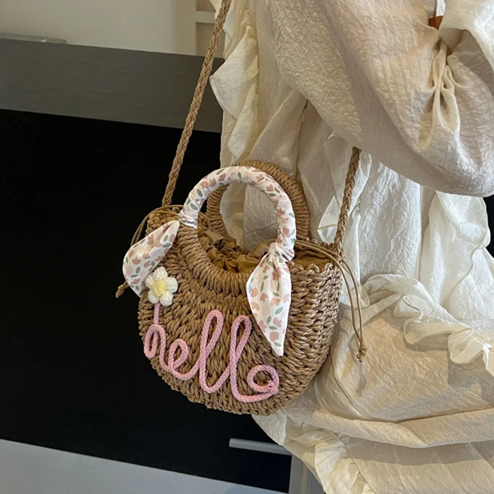 

Fashion Sweet Beach Straw Bag Ribbon Moon Shaped Knitted Shoulder Bag Hollow Out Elegant Handbag Shopping