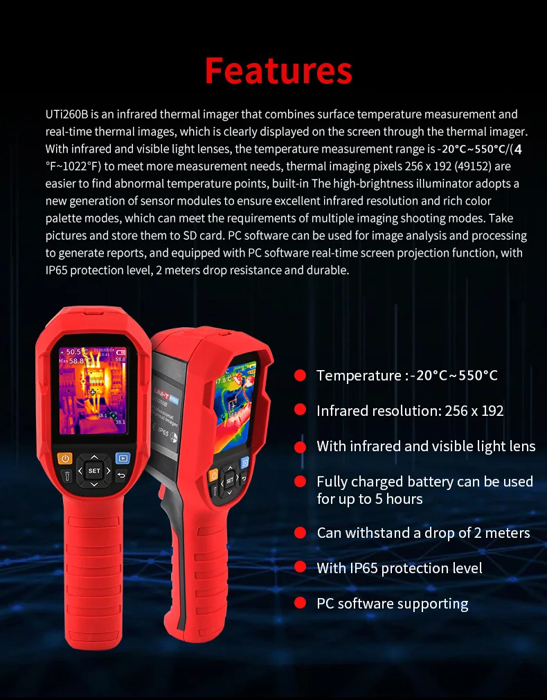 UNI-T UTi260B Handheld Infrared Thermal Imager With Thermal Camera Lens Resolution 256 x 192 (Including Battery) With IP65