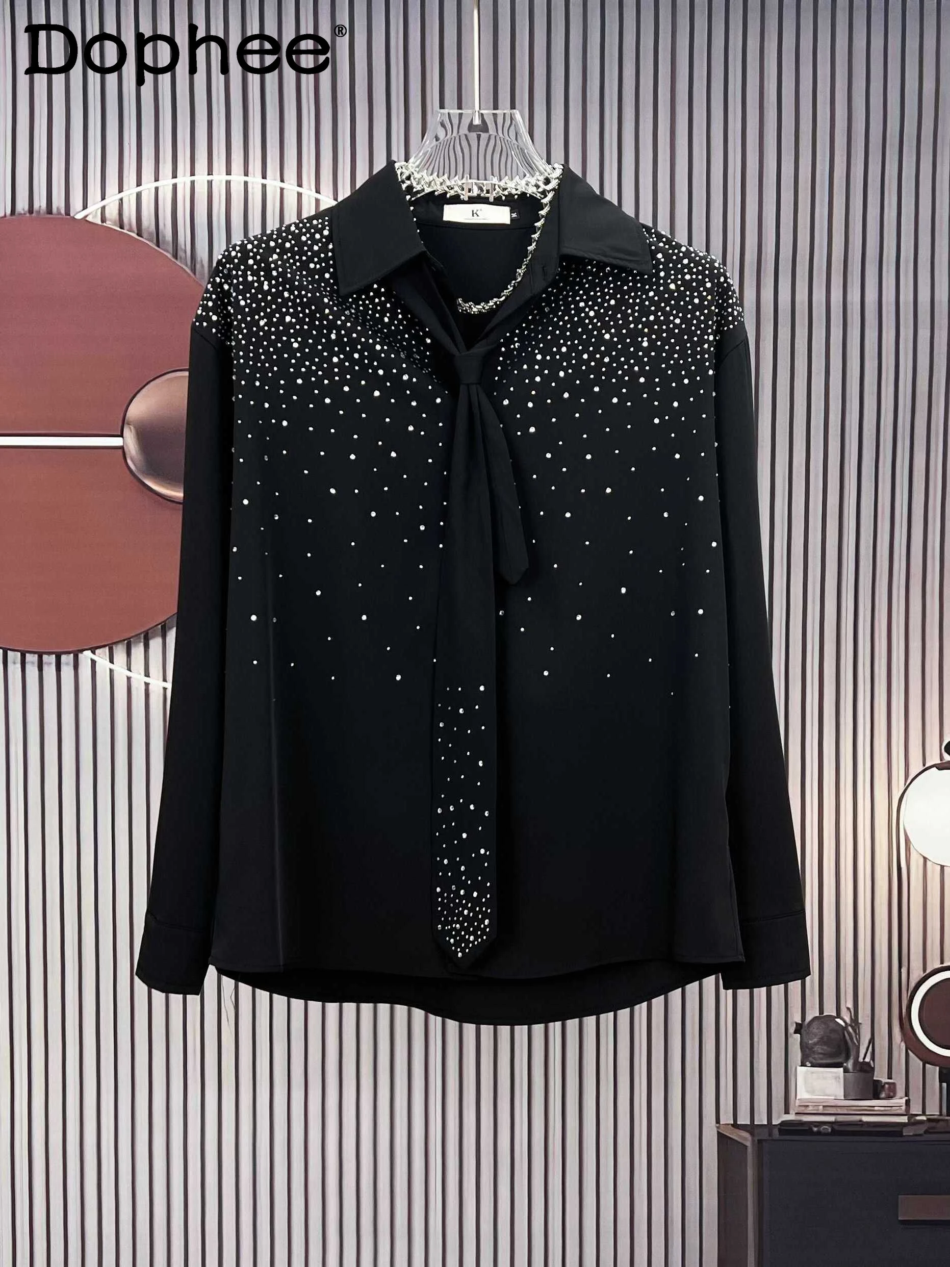 

2024 Autumn New Fashion Shiny Rhinestone Chic Shirts Men's Long Sleeve Loose Casual Tie Shirt Handsome Trendy Solid Color Tops