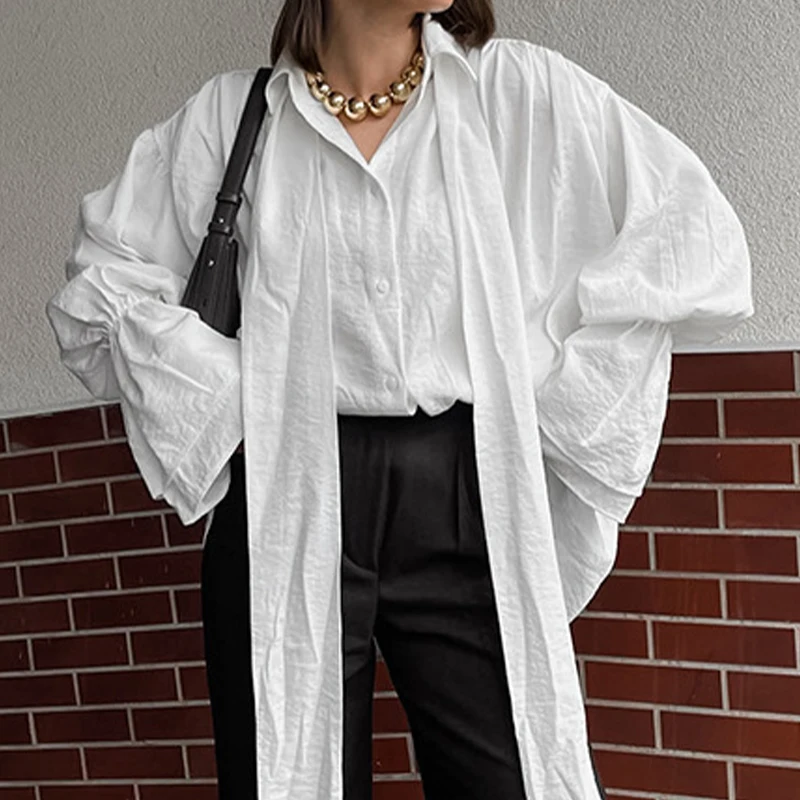 

French Style Fashion Blouse For Women Loose All Match Daily Commuting Tops Simple Solid Color Flared Sleeve Cardigan