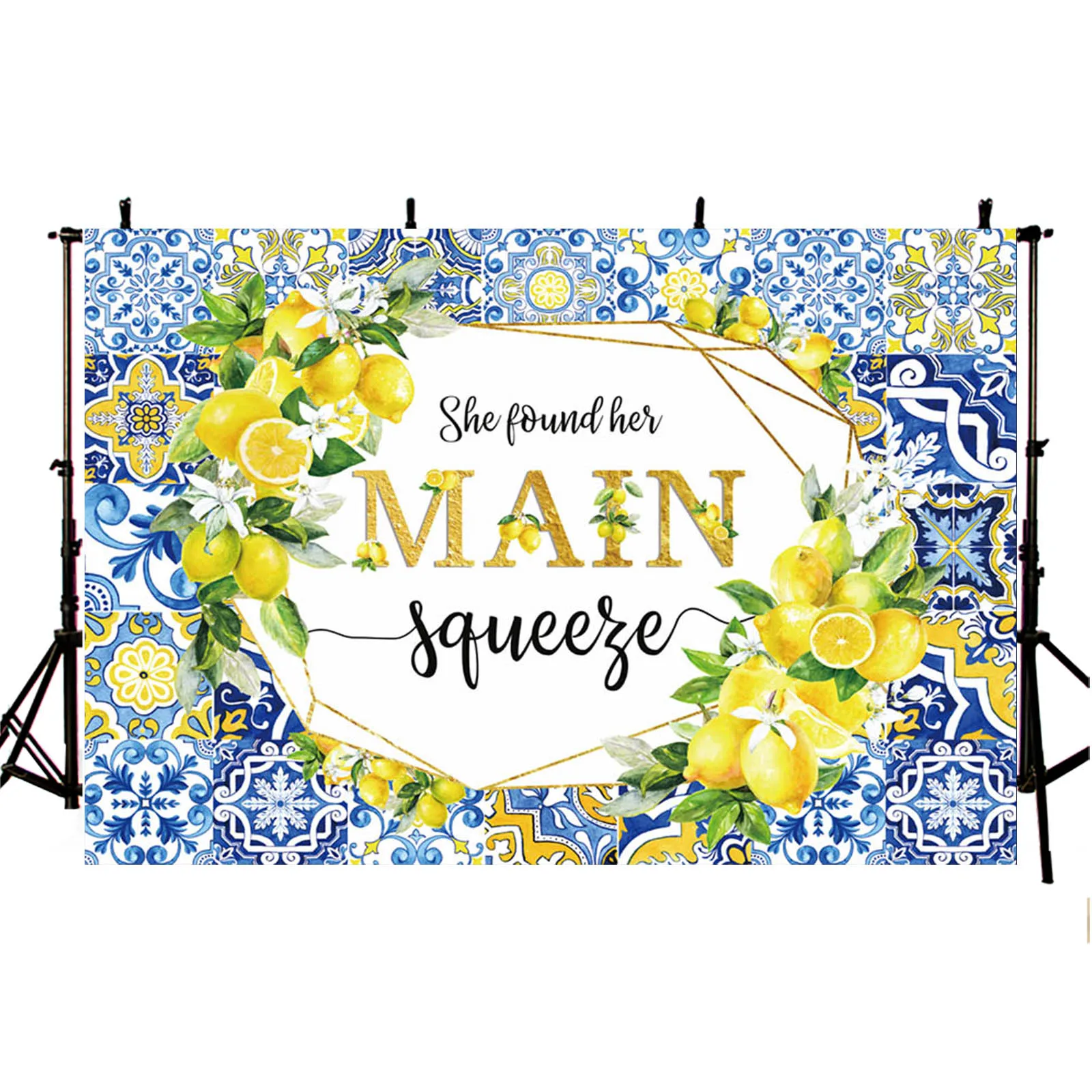 AIBIIN Lemon Bridal Shower Backdrop Blue Tile Floral She Found Her Main Squeeze Engagement Party Decor Photography Background