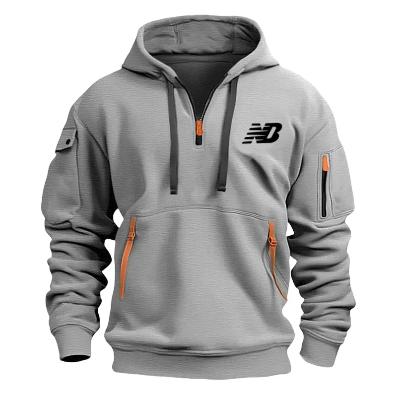 

New men's outdoor sports pullover, long-sleeved hoodie, zipper ribbon sweatshirt, men's large-sized hoodie with arm pockets