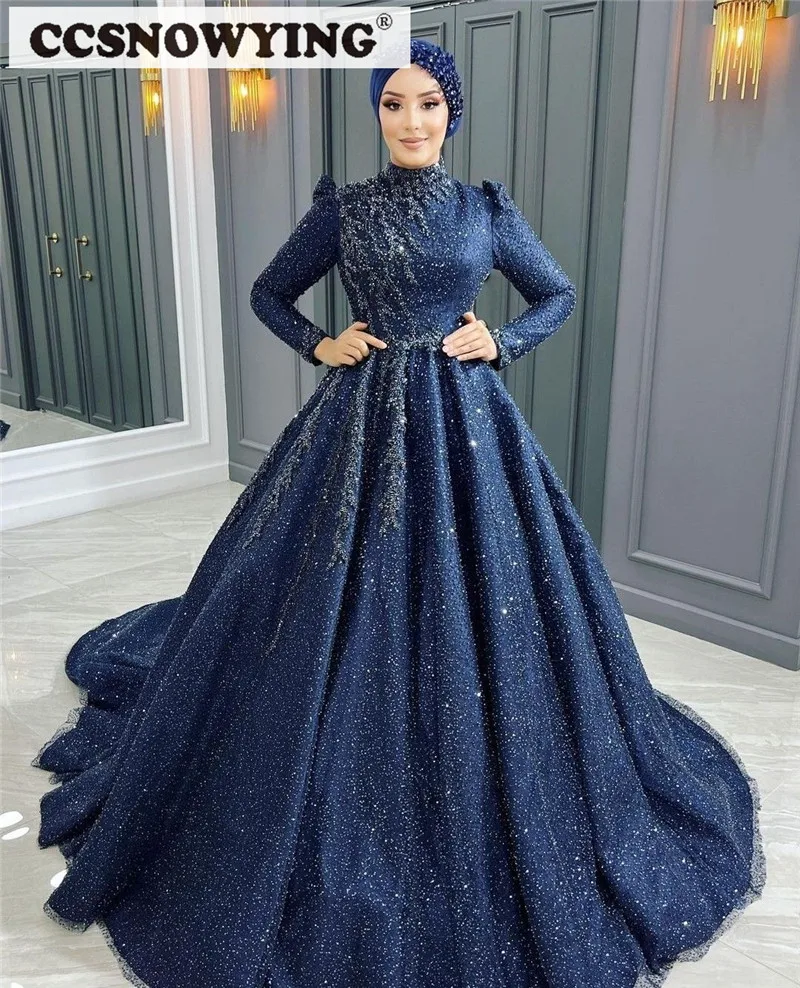 Sparkly Royal Blue Long Sleeve Hijab Muslim Evening Dresses Ball Gown Islamic Formal Party Dress Arabic Kafan Robes De Soirée