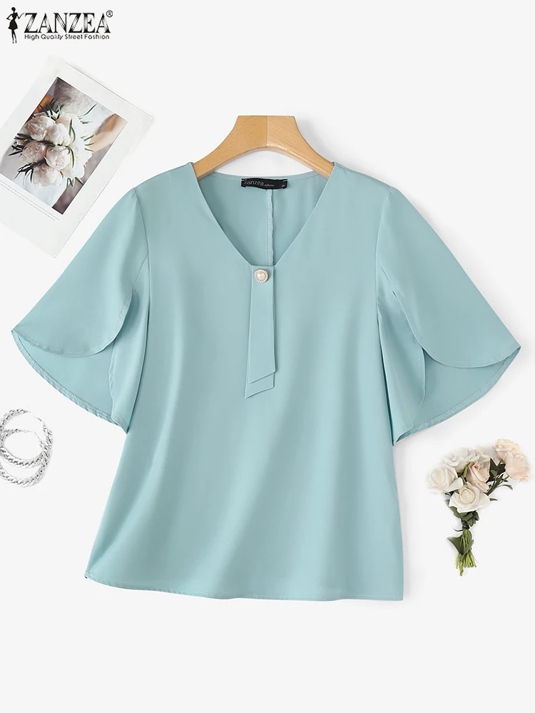 

Summer Office Women Blouses 2025 ZANZEA Elegant Short Ruffled Sleeve Solid Tunic Shirt Female Work OL Tops Casual V Neck Blusas