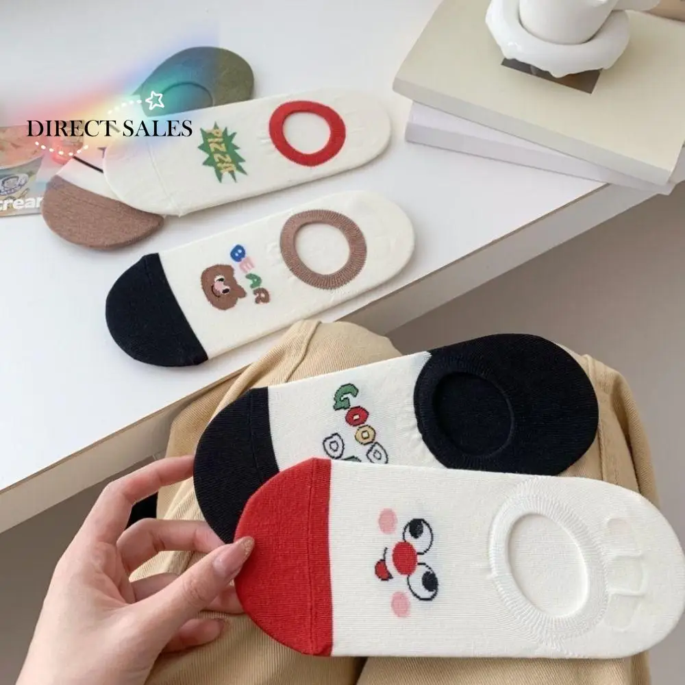 

3Pairs Cute Cotton Boat Socks Sweat Absorption Patchwork Ankle Thin Socks Hosiery Cartoon Graffiti Invisible Socks Women Girls