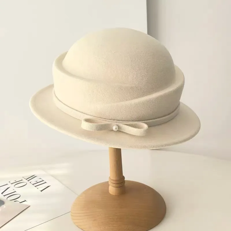 جديد 100% قبعة صوف جرس قبعة المرأة الفرنسية أنيقة الرجعية هيبورن الخريف والشتاء المشاهير اللؤلؤ الصوف ورأى قبعة بحافة #4