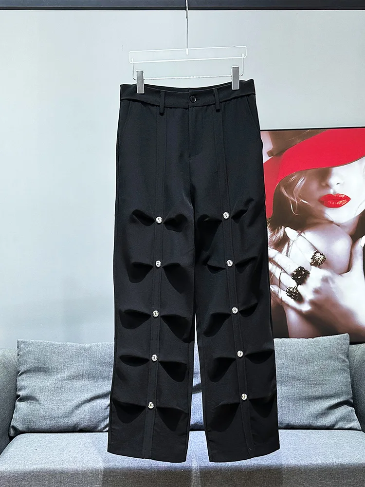 

American High Street Faion Metal Rivet Folded Design Straight Leg Pants New Sle Casual ular Haome Men's Leisure Pants