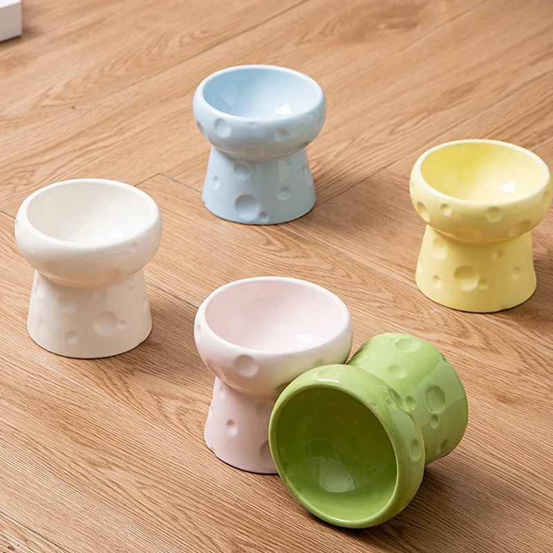 وعاء سيراميك للقطط بتصميم الجبن وعاء طعام للقطط طبق ماء طبق للوجبات الخفيفة عيار كبير مضاد للطرف مع حامل لحماية الرقبة