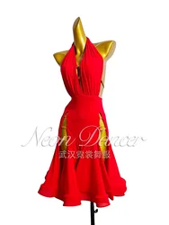 Neon Dancer New Women's Latin Dance Dress, Large Open Back Halter Dress, Double Slit Mesh Skirt