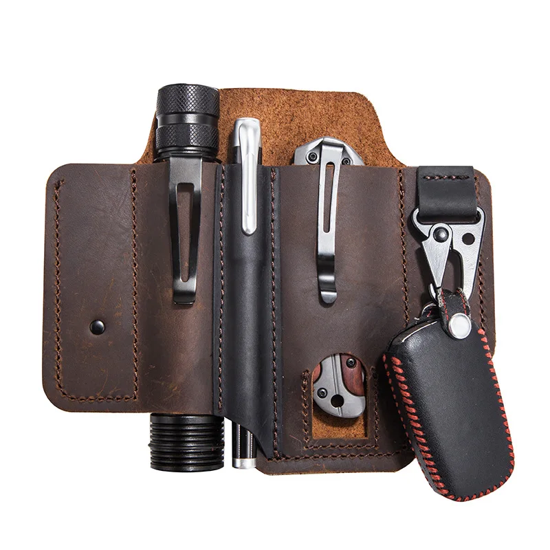 Imagem -05 - com Fivela Portátil ao ar Livre Tático Multifunções Cinto Coldre Genuíno Couro Couro Bolso Edc Multitool Bainha Caça Bolsa