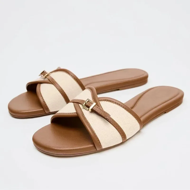 

Comfort Flat Slippers Sandals for Women Fashion Belt Buckle Brand Designer Shoes Summer Beach Lightweight Casual Shoes Loafers