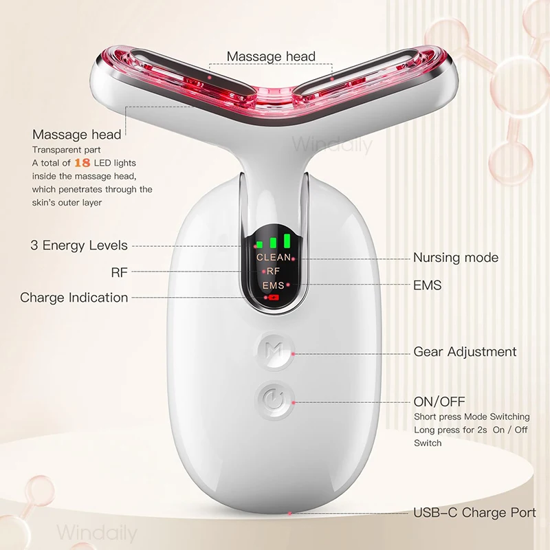 EMS Face คออุปกรณ์ยกการสั่นสะเทือนเครื่องนวดหน้า LED Light Therapy เครื่องกระชับผิวริ้วรอย Remover Skin Care เครื่องมือ