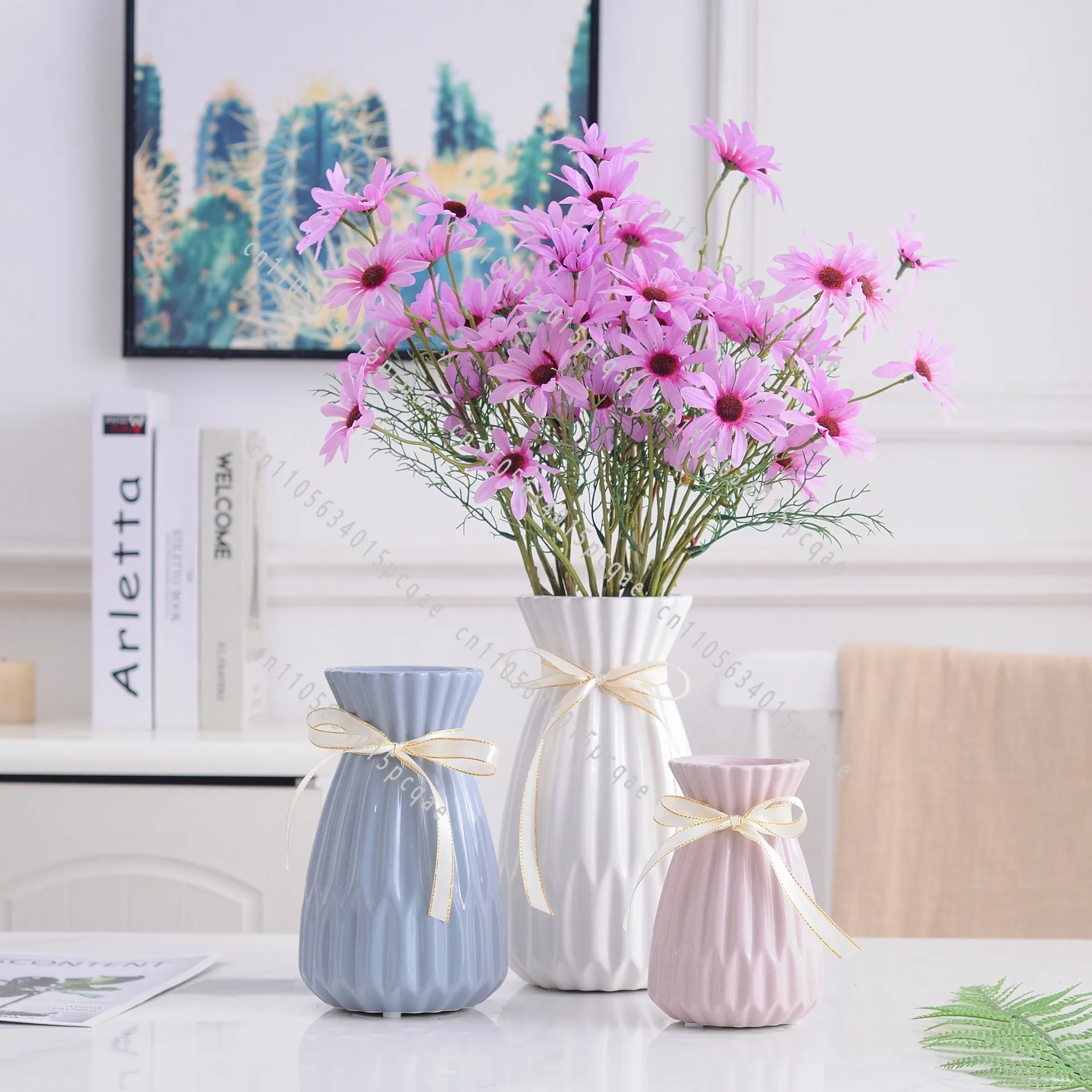 White and Pink Origami Ceramic Vase Set for Home Decor, 3 Pieces