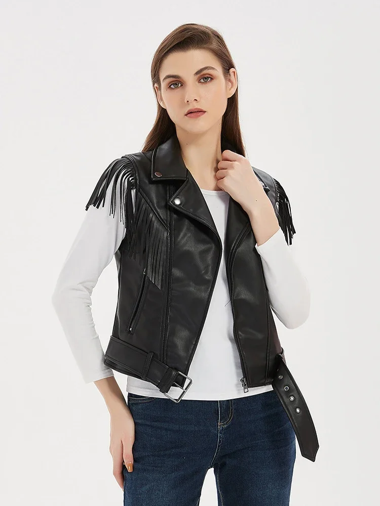 Vintage Women Soft PU Zipper Lapel Tassels Vest Female Faux Sheepskin  Coat Moto Biker Waistcoat Sleeveless Leather Jacket