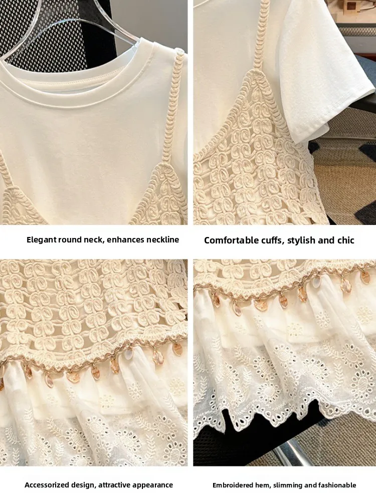 n Sle المرأة ort Sve تي شيرت محبوك الجوف خارج المحاصيل الأعلى وسترة قطعتين مجموعة الصيف تنفس مزيج القطن #2