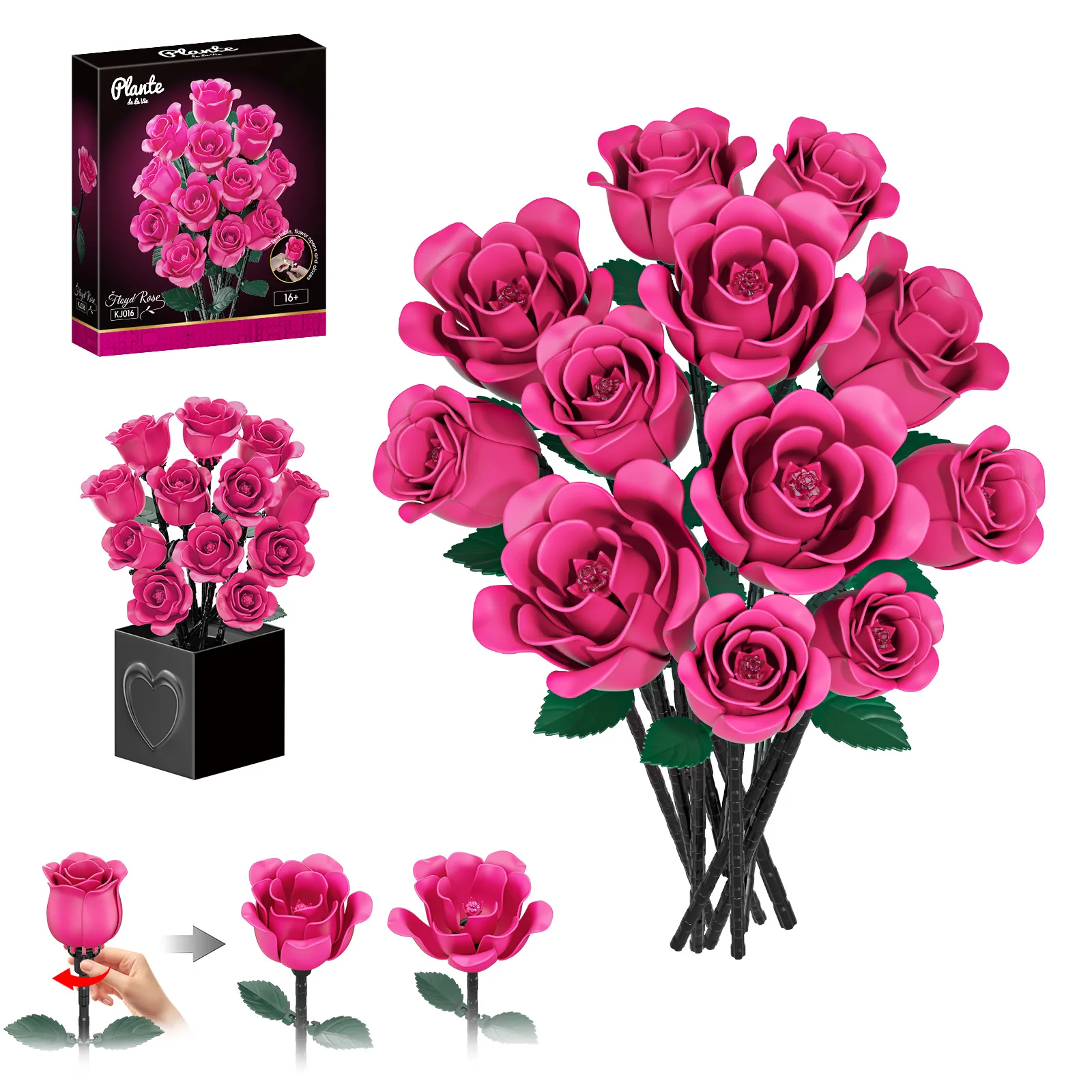 JAKI Pink Rose Bouquet Building Blocks Set MOC Artificial Flowers Openable Blooming Vase Valentines Day STEM Toy Gift for Mother's Day Christmas Anniversary Birthday Home Decor Shelf Display Adult Collectors Women Wife Girlfriend Romantic Decoration