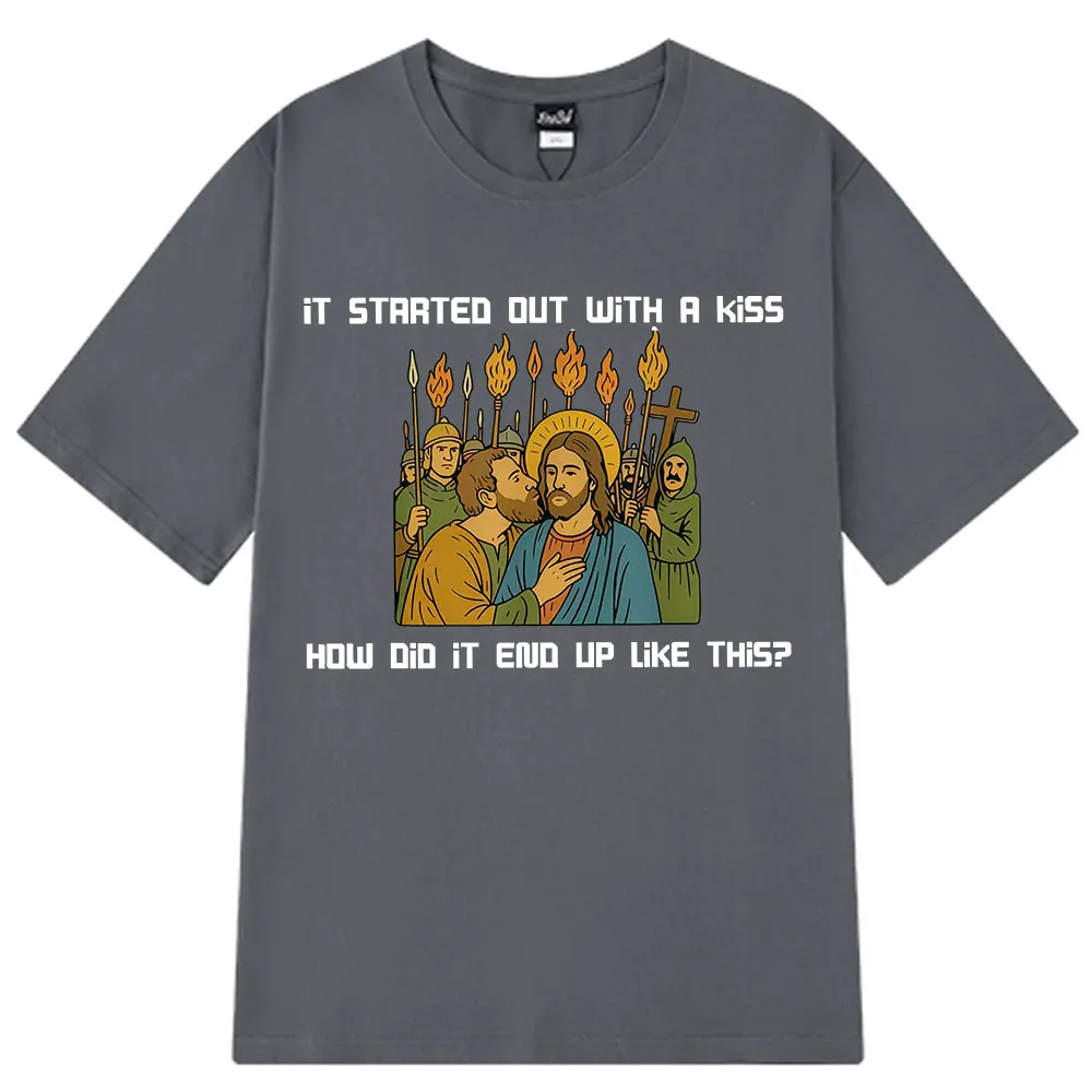 لقد بدأت بقبلة كيف ينتهي مثل للجنسين هذا مضحك ميمي تي شيرت الصيف القطن Harajuku عادية للجنسين تي شيرت