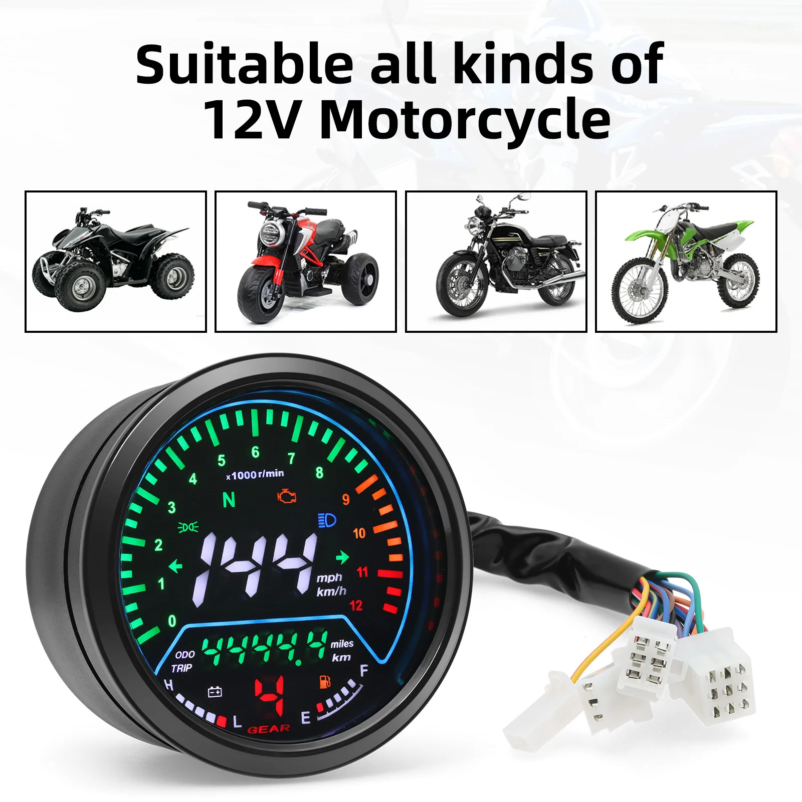 Universal Motocicleta Velocímetro Digital, Dashboard Metros, 12000RPM, kmh, mph Display Alarme de Tensão, Indicador de engrenagem para Suzuki GN125