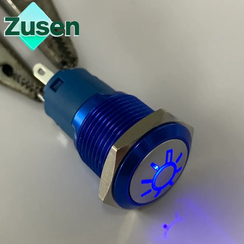 

Zusen 16mm Blue Oxidation Illuminated Snowflake Sun Light Symbol Latching Push Button Switch IP65(ZS16B-11ZDT/B/12V/A