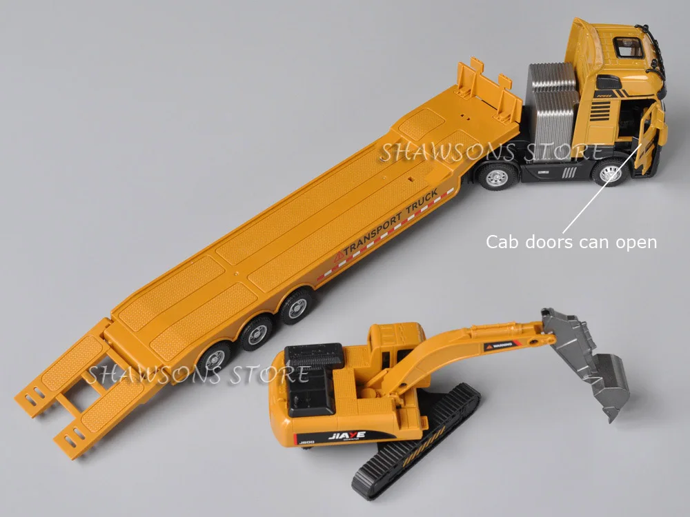 1:50 Scale Diecast Model Truck Toy Tractor and Flatbed Semi-Trailer With Excavator Miniature Replica