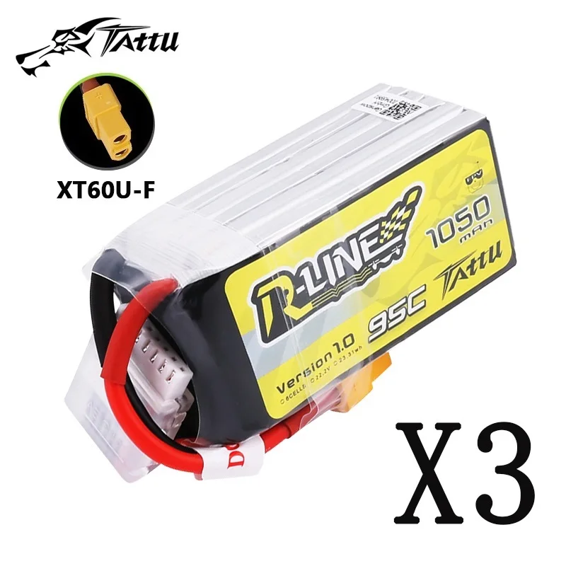 3Pcs TATTU R-LINE 1.0 22.2V Lipo Battery 1050mAh 95C For RC FPV Airplane Quadcopter Helicopter Drone Parts With XT60 Plug