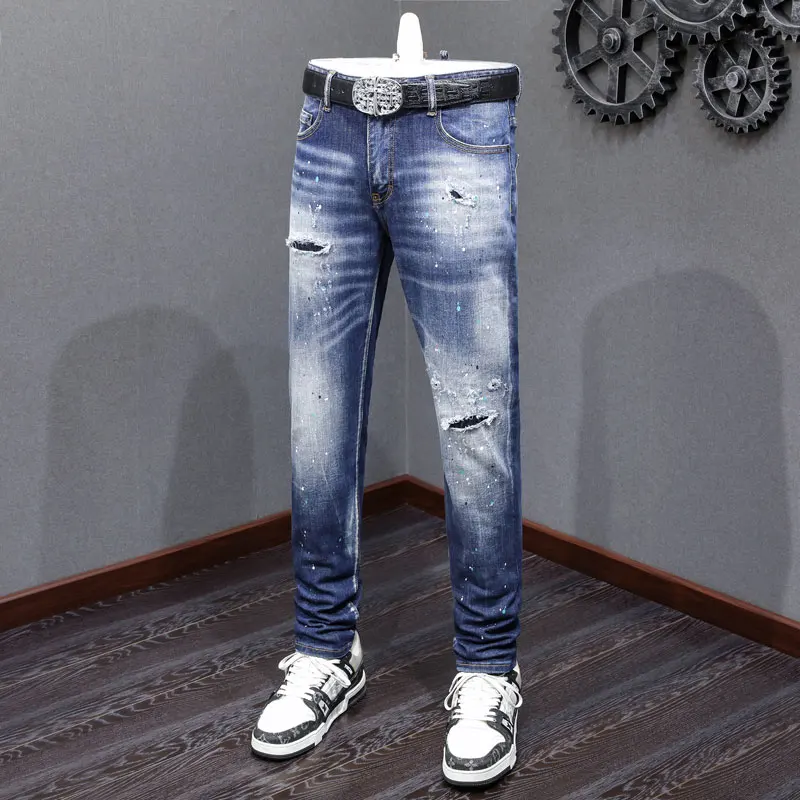 

Street Fashion Men Jeans High Quality Retro Blue Stretch Slim Fit Painted Ripped Jeans Men Brand Designer Hip Hop Denim Pants