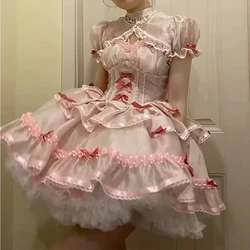 New Lace Ruffle Bowknot Organza Light Pink Puffy Bubble Sleeves Lovely Lolita Princess Dress Cross dresser Sissy Maid Role Play