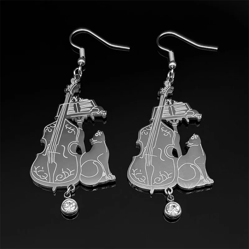 Crystal Stainless Steel Music Cello Cat Big Earrings for Men Women Animal Musical Drop Earring Christmas Gift Party Jewelry