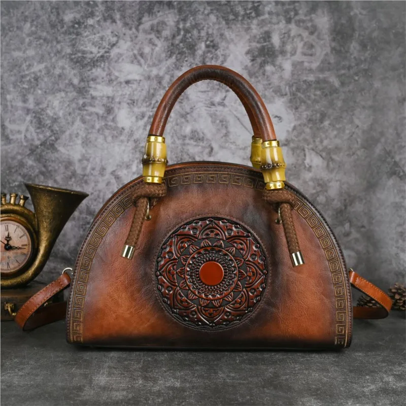 Johnature Vintage Totem Embossed Handbag Versatile Women Leather Bag Large Capacity Leisure Ladies Shoulder & Crossbody Bags